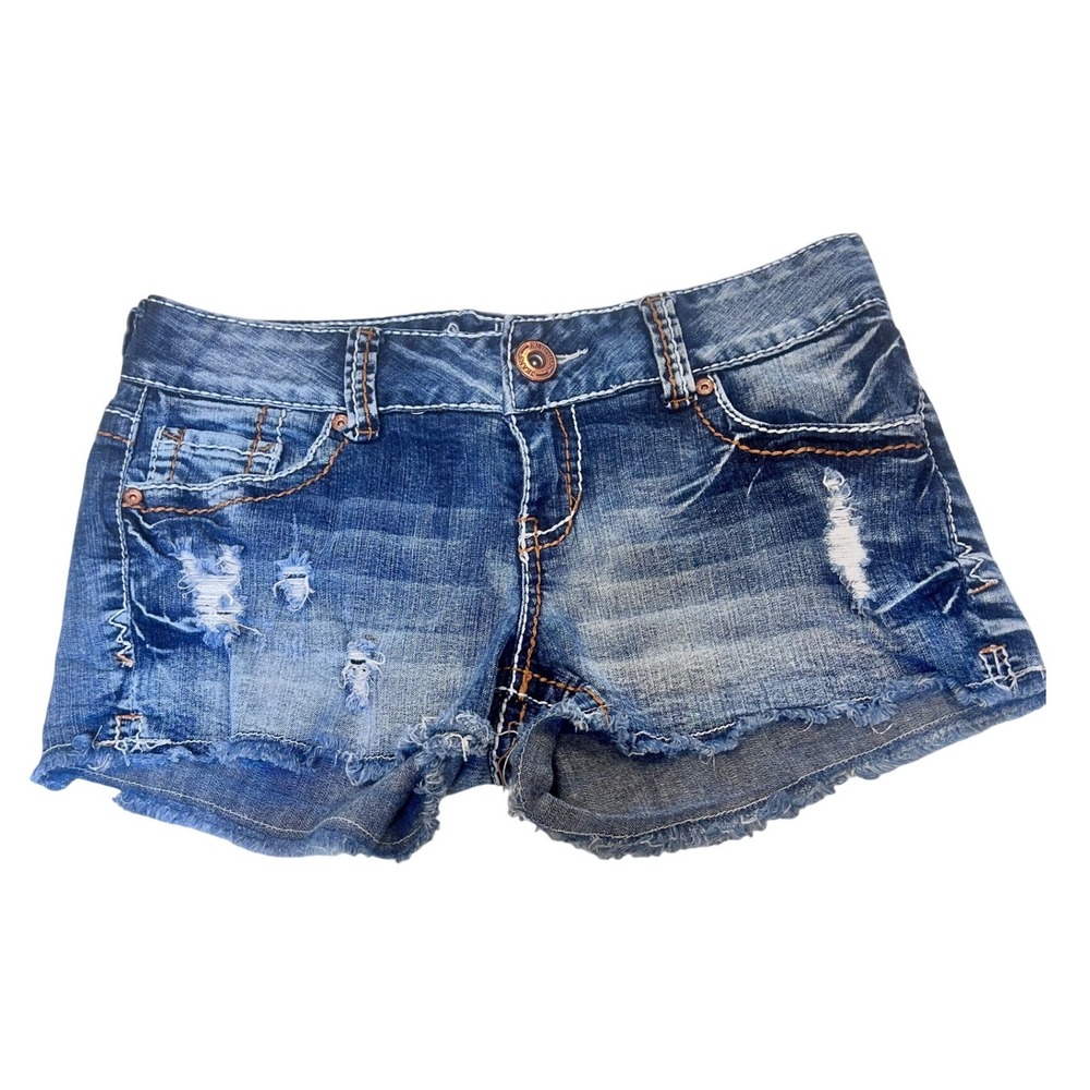 Amethyst Jeans Womens Distressed Denim Shorts Blue Size 9 Low Rise Distressed